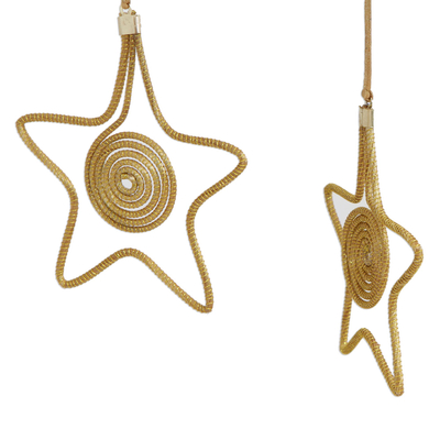 Goldene Gras-Ornamente, 'Starry Gleam' (4er-Set) - Goldenes Gras und vergoldete Messing-Stern-Ornamente (4er-Set)