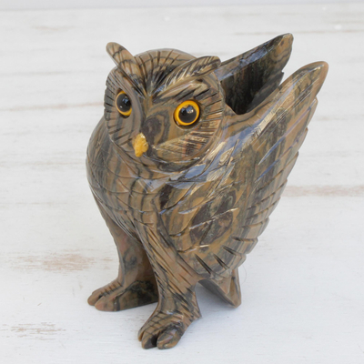 Dolomite sculpture, 'Earthen Owl' - Hand-Carved Earth-Tone Dolomite Owl Sculpture from Brazil