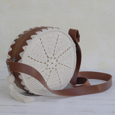 Cotton and faux leather sling, 'Crochet Mandala' - Crocheted Cotton and Faux Leather Sling from Brazil