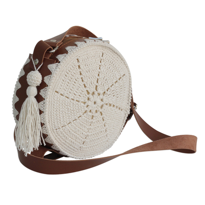 Cotton and faux leather sling, 'Crochet Mandala' - Crocheted Cotton and Faux Leather Sling from Brazil