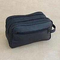 Leather travel bag, 'Black Sophisticated Style' - Handmade Leather Travel Bag in Black from Brazil
