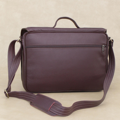 Leather laptop bag, 'Universal in Maroon' (double) - Handmade Leather Laptop Bag in Maroon from Brazil (Double)