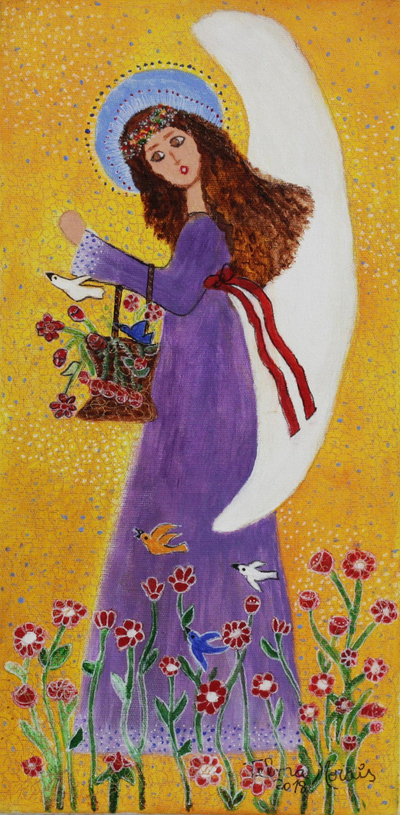Signed Naif Painting of an Angel in a Purple Dress