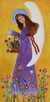 'Angel, Birds, and Flowers' - Signed Naif Painting of an Angel in a Purple Dress thumbail
