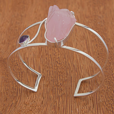 Rose quartz and amethyst cuff bracelet, 'Pink Mountains' - Rose Quartz and Amethyst Cuff Bracelet from Brazil