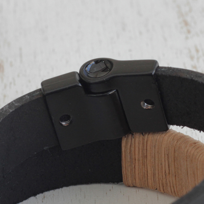 Leather wrap bracelet, 'Black Modernity' - Modern Leather Wrap Bracelet in Black from Brazil