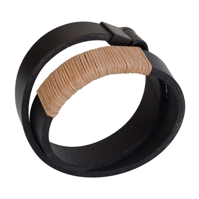 Leather wrap bracelet, 'Black Modernity' - Modern Leather Wrap Bracelet in Black from Brazil