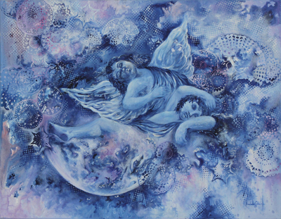 'The Guardians' - Expressionist Angel Painting in Blue from Brazil