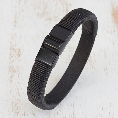 Men's leather wristband bracelet, 'Masculinity' - Men's Modern Leather Wristband Bracelet in Black from Brazil