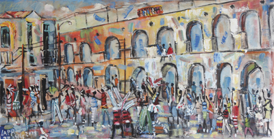 'Party at Carioca Aqueduct' - Signed Expressionist Painting of Carioca Aqueduct