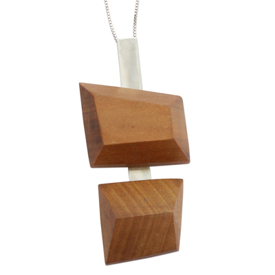 Wood pendant necklace, 'Modern Nature' - Modern Red Peroba Wood Pendant Necklace from Brazil