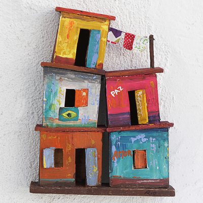 Recycled wood wall sculpture, 'Houses of Love' - Recycled Wood Favela Wall Sculpture from Brazil