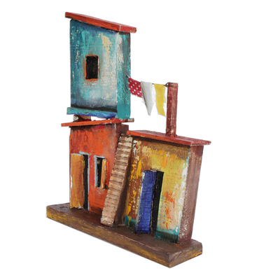 Recycled wood wall sculpture, 'Townhouse with Staircase' - Favela-Themed Recycled Wood Wall Sculpture from Brazil