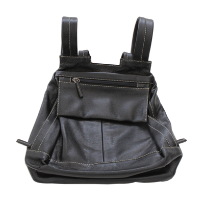 Leather backpack, 'Feminine Black' - Leather Backpack in Black from Brazil