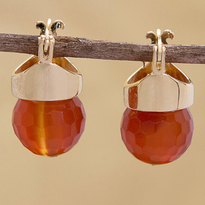 Gold plated agate drop earrings, 'Fiery Acorn' - 18k Gold Plated Agate Drop Earrings from Brazil