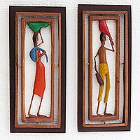 Wood relief panels, 'Northeastern I' (pair) - Handcrafted Wood Relief Panels of Brazilian Workers (Pair)