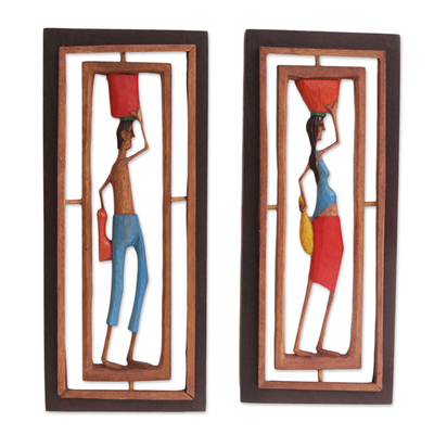 Holzreliefplatten, (Paar) - Handgeschnitzte Holzrelieftafeln von Arbeitern aus Brasilien (Paar)