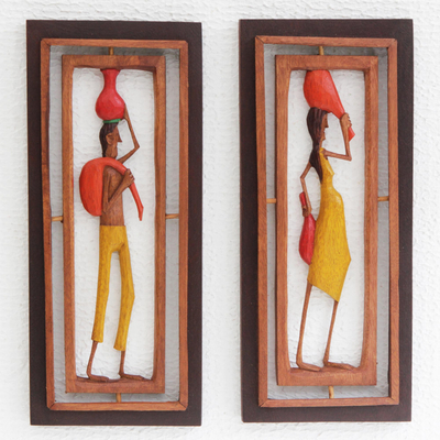 Wood relief panels, 'Northeastern III' (pair) - Pair of Wood Relief Panels Depicting Brazilian Workers