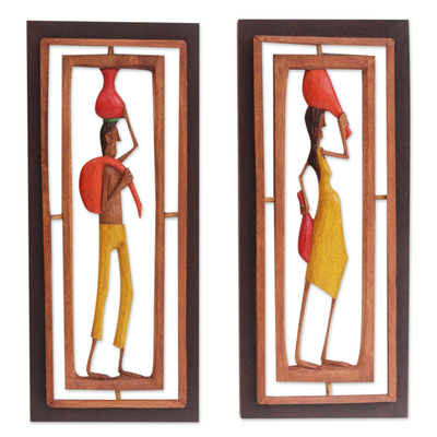 Holzrelieftafeln, „Northeastern III“ (Paar) – Paar Holzrelieftafeln mit der Darstellung brasilianischer Arbeiter