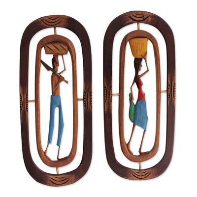 Wood relief panels, 'Northeastern Workers I' (pair) - Handmade Wood Relief Panels of Brazilian Workers