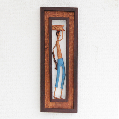 Wood relief panel, 'Man from the Northeast' - Hand-Carved Wood Relief Panel of a Brazilian Working Man