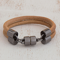 Leather wristband bracelet, 'Forged' - Double Band Light Brown Leather Unisex Wristband Bracelet
