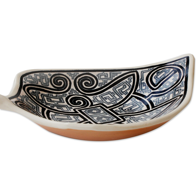 Ceramic decorative bowl, 'Marajoara Leaf in Grey' (18 inch) - Leaf-Shaped Ceramic Decorative Bowl in Grey (18 in.)