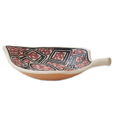 Ceramic decorative bowl, 'Marajoara Leaf in Red' (16 inch) - Leaf-Shaped Ceramic Decorative Bowl in Red (16 in.)