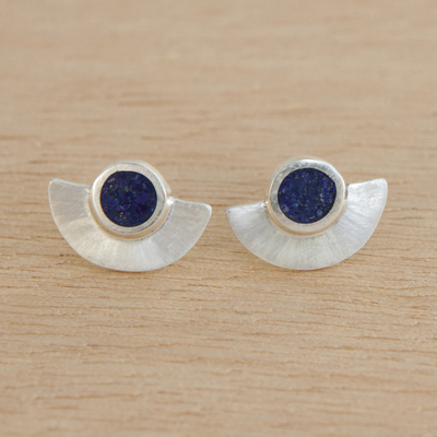 Lapis lazuli button earrings, 'Half Blade' - Semicircle Lapis Lazuli Button Earrings from Brazil