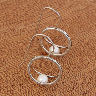Cultured pearl drop earrings, 'Cradling Rings' - Circular Cultured Pearl Drop Earrings Crafted in Brazil