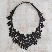 Leather collar necklace, 'Brazilian Foliage in Black' - Leaf Motif Leather Collar Necklace in Black from Brazil