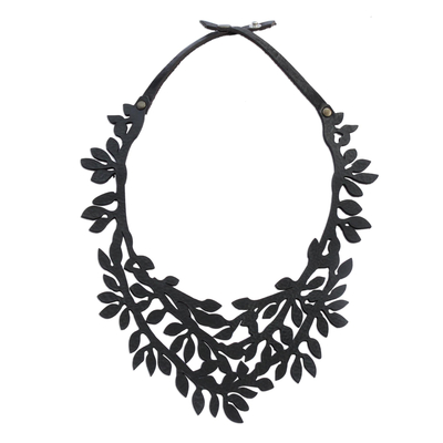 Leaf Motif Leather Collar Necklace in Black from Brazil