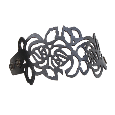 Leather wristband bracelet, 'Brazilian Flowers in Black' - Floral Leather Wristband Bracelet in Black from Brazil