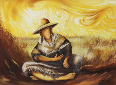'Bäuerin - Signiertes expressionistisches Gemälde eines Bauern aus Brasilien