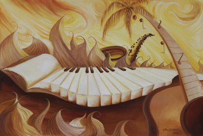 Signed Music-Themed Surrealist Painting from Brazil