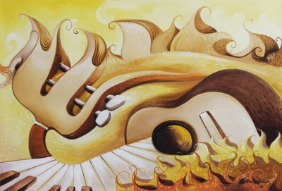 Signed Surrealist Painting of a Guitar and Piano from Brazil