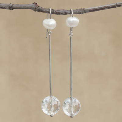 Quartz and cultured pearl dangle earrings, 'Glistening Transparency' - Clear Quartz and Cultured Pearl Dangle Earrings from brazil