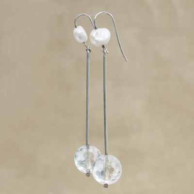 Quartz and cultured pearl dangle earrings, 'Glistening Transparency' - Clear Quartz and Cultured Pearl Dangle Earrings from brazil