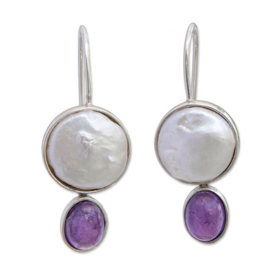 Amethyst and cultured pearl drop earrings, 'Circular Grandeur' - Amethyst and Circle Cultured Pearl Drop Earrings from Brazil