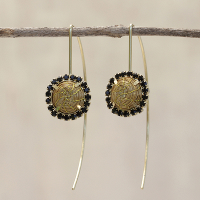 Gold accented golden grass drop earrings, 'Stellar Black' - Gold Plated Golden Grass Earrings with Black Rhinestones