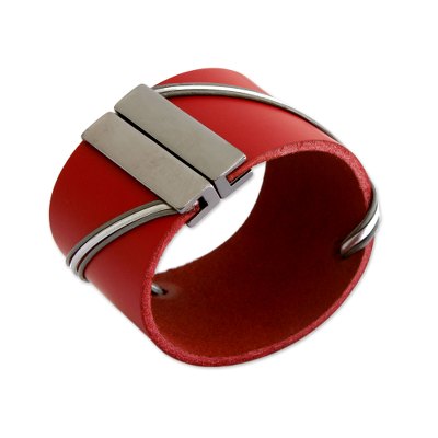 Leather wristband bracelet, 'Red Fantasy' - Modern Red Leather Wristband Bracelet from Brazil