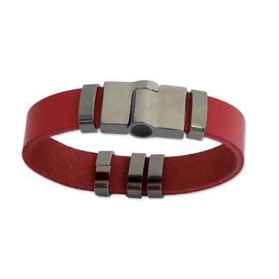 Leather wristband bracelet, 'Red Space' - Modern Red Leather Wristband Bracelet from Brazil