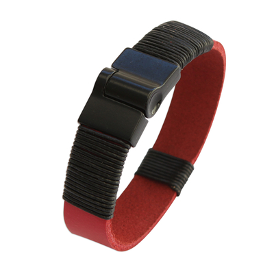 Leather wristband bracelet, 'Andaluzia' - Red and Black Leather Wristband Bracelet from Brazil