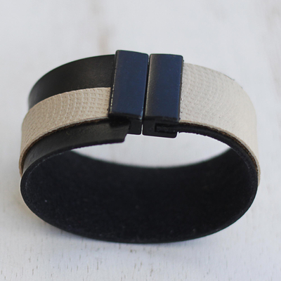 Leather wristband bracelet, 'Modern Tango' - Modern Black and White Leather Wristband Bracelet