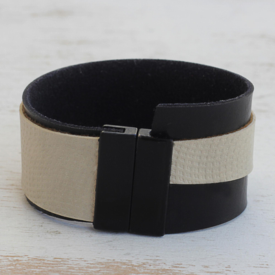 Leather wristband bracelet, 'Modern Tango' - Modern Black and White Leather Wristband Bracelet