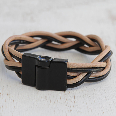 Leather braided wristband bracelet, 'Braided Contrast' - Black and Beige Leather Braided Wristband Bracelet