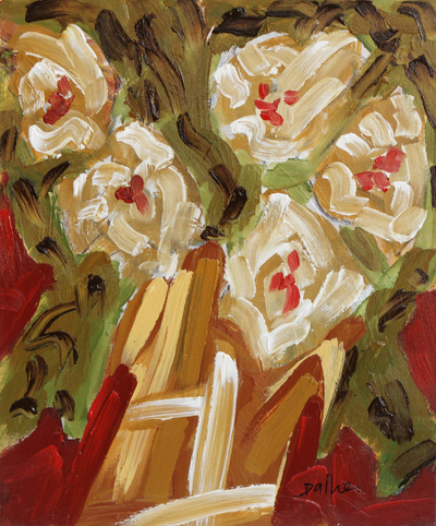 'Beige Flowers' - Signed Impressionist Painting of Flowers in Beige