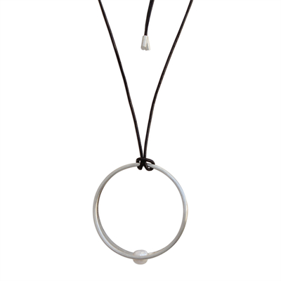Cultured pearl long pendant necklace, 'Cradling Ring' - Circular Cultured Pearl Adjustable Pendant Necklace