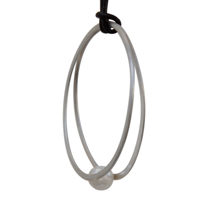Cultured pearl long pendant necklace, 'Cradling Ring' - Circular Cultured Pearl Adjustable Pendant Necklace