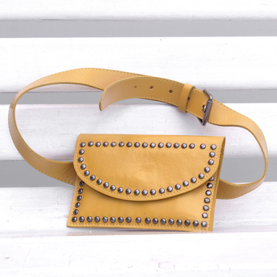 Leather waist bag, 'Studded Amber' - Handcrafted Leather Waist Bag in Amber from Brazil